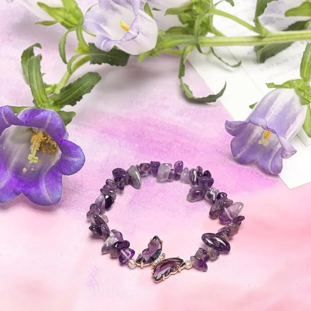 Purple Beaded Healing Bracelet with Butterfly Charm for Women